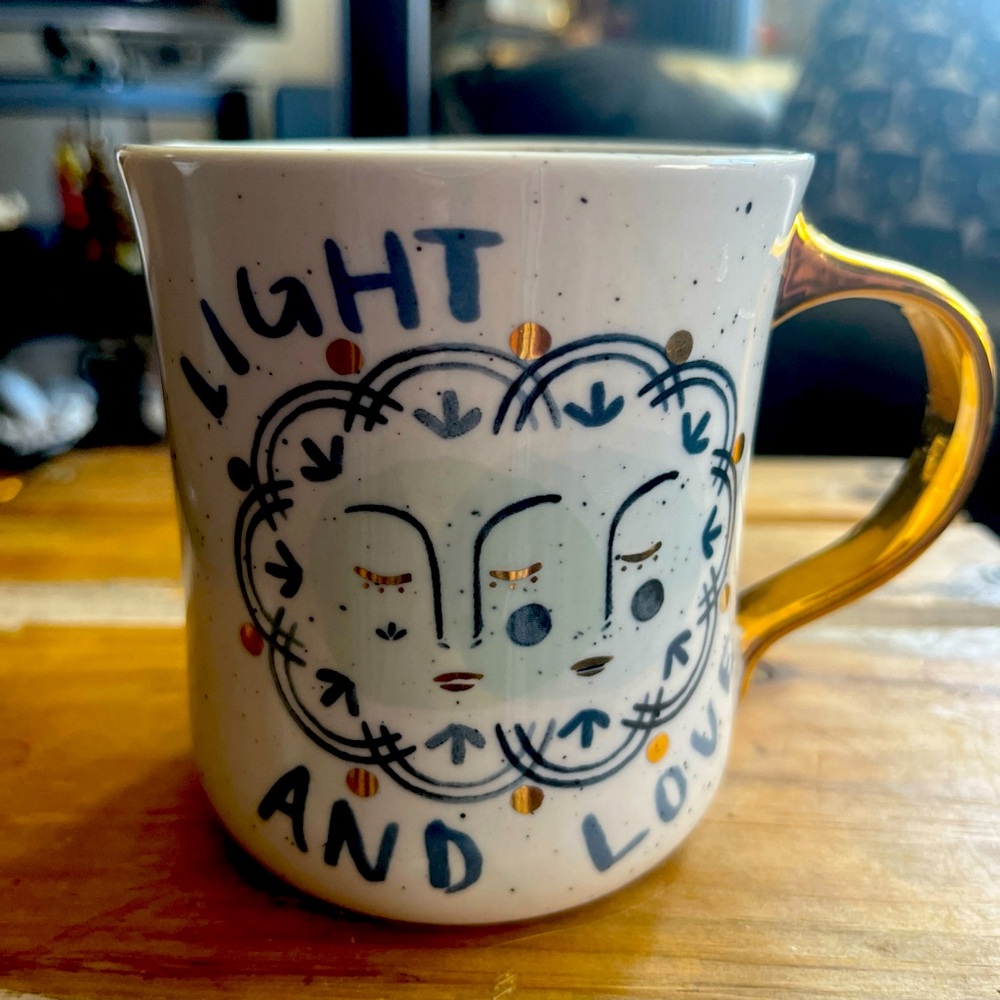 Anthropologie Ceramic Mug with Gold Handle and Blue Accents